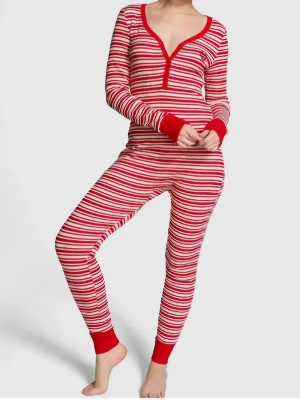 PINK Victoria's Secret Red & White Striped Long-Sleeve Henley Pajama- MED. NWT